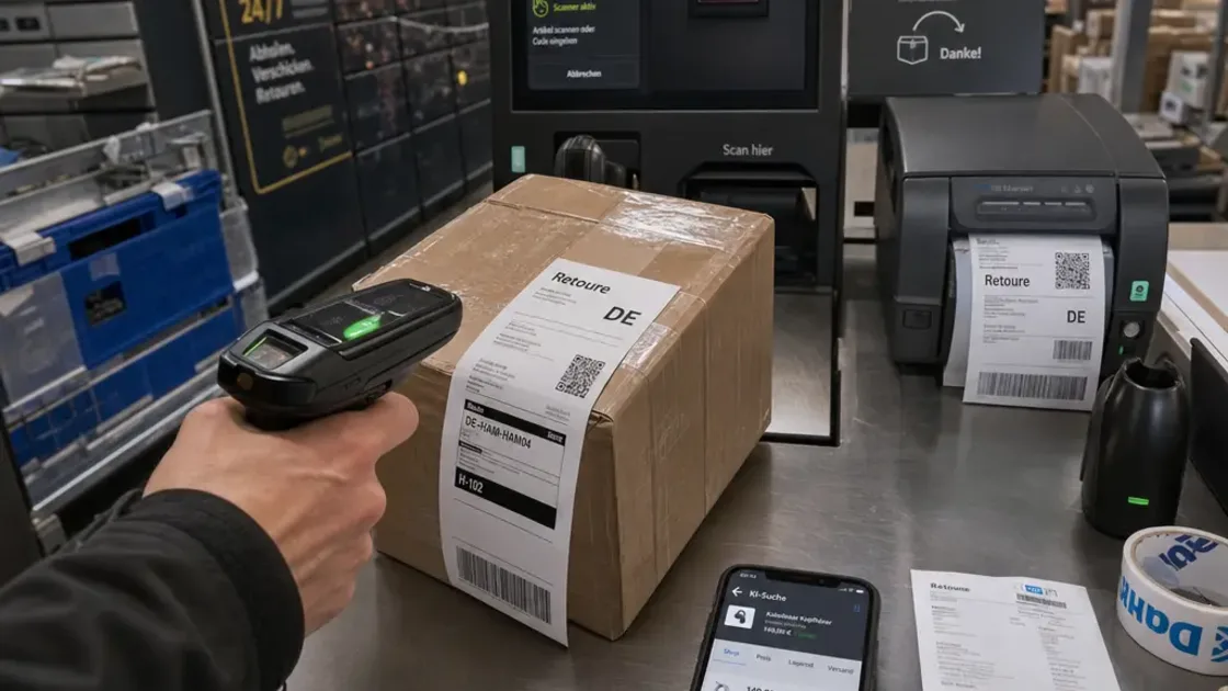 Strukturierte Produktdaten auf einem Bildschirm im Lager fuer KI-Produktsuche