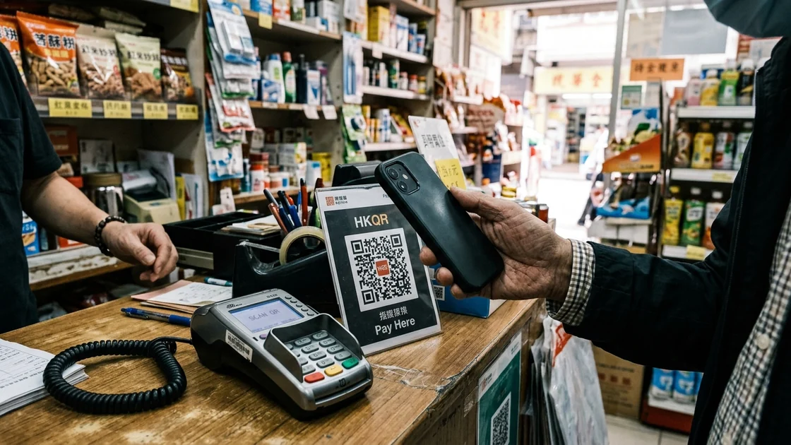 Smartphone scannt einen QR-Code an einer Ladentheke in Hongkong
