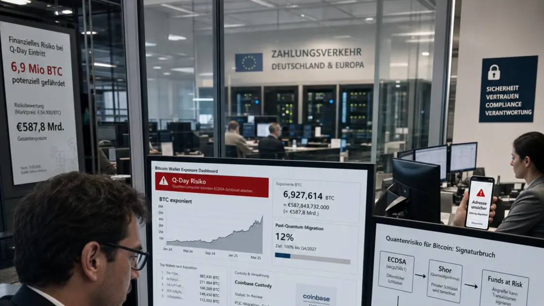 Quantencomputer Bitcoin, Post-Quantum-Kryptographie, Coinbase Q-Day – Analyst prüft Coinbase-Daten zu quantengefährdeten Bitcoin-Adressen auf großem Bildschirm