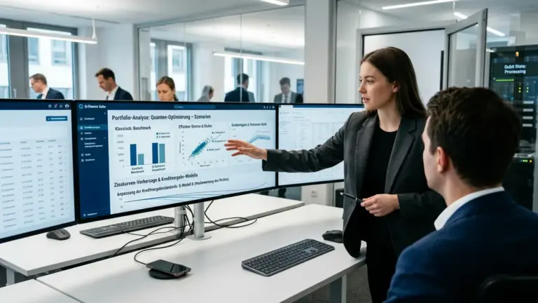 Quantencomputer, Portfoliomanagement, Kreditvergabe – Risikoanalystin prüft Portfoliomanagement-Simulation neben Quantenserver-Infrastruktur einer Bank