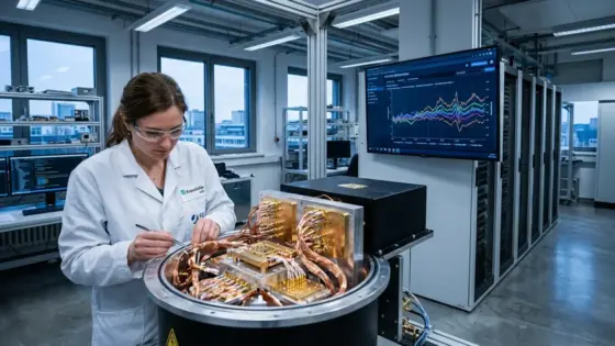 Quantencomputing, Finanzrisikomodelle, EU-Forschungsprojekt – Techniker prüft Quantenhardware für Finanzrisikomodelle im Rahmen eines EU-Forschungsprojekts