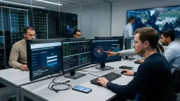 RaaS-Ökosystem, Cyberkriminalität-Märkte, Affiliate-Modelle – Sicherheitsanalyst überwacht Dashboards zum RaaS-Ökosystem in einem Security Operations Center