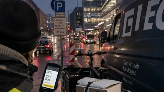 Same-Day-Delivery Regulierung, Arbeitsbedingungen Kurier, Nachhaltigkeit Versand – Kurierfahrer mit Lastenrad und Lieferwagen als Symbol für Same-Day-Delivery Regulierung