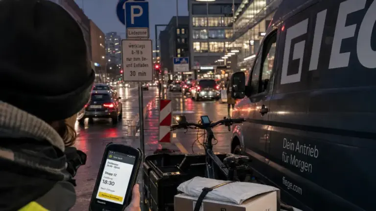 Same-Day-Delivery Regulierung, Arbeitsbedingungen Kurier, Nachhaltigkeit Versand – Kurierfahrer mit Lastenrad und Lieferwagen als Symbol für Same-Day-Delivery Regulierung