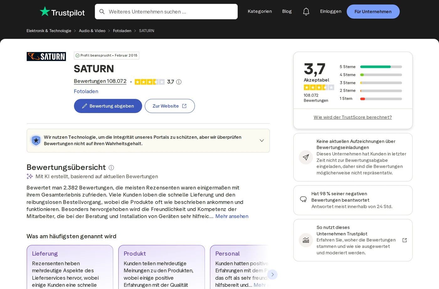 Saturn Bewertungen Trustpilot Screenshot