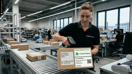 Shopify, EU-Compliance, Produktpass – Händlerin prüft Produktangaben für Shopify EU-Compliance und Produktpass im Lager