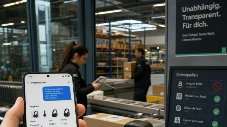 Shopping Research, ChatGPT Integration, Amazon Produktfeeds – Händler analysiert Shopping Research Daten neben blockierten Amazon Produktfeeds am Bildschirm