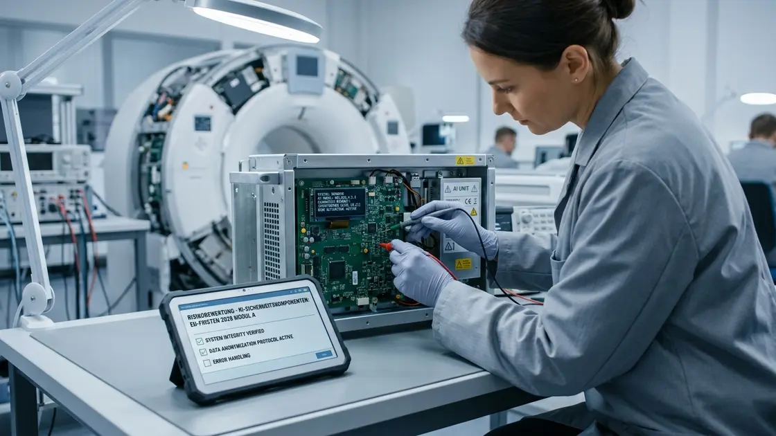 Prüfingenieurin kontrolliert KI-Sicherheitskomponente in einem Medizingerät vor der Zertifizierung