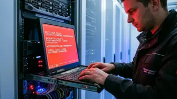 Sicherheitslücke, Backup-Software, Ransomware-Abwehr – Techniker prüft Sicherheitslücke in Backup-Software an Server-Rack mit Fehlermeldung