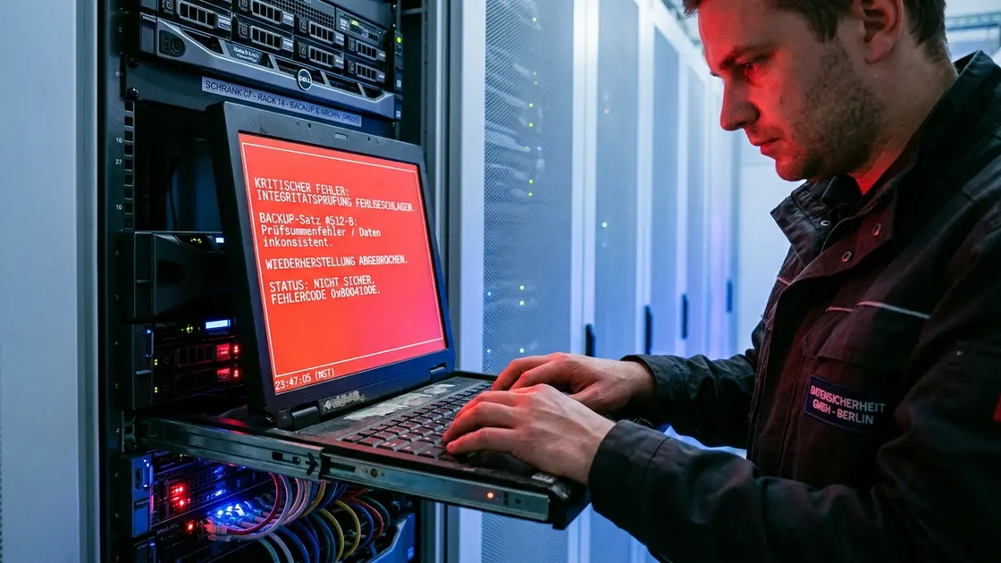 Sicherheitslücke, Backup-Software, Ransomware-Abwehr – Techniker prüft Sicherheitslücke in Backup-Software an Server-Rack mit Fehlermeldung