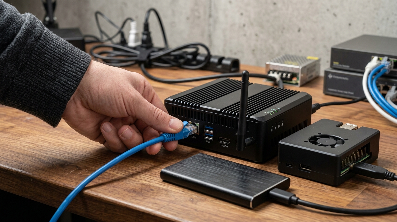 Home Assistant Server mit SSD und Netzwerkkabel