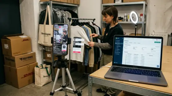Social Commerce, TikTok Shop, Instagram – Händlerin filmt Live-Shopping-Stream für Social Commerce über TikTok Shop und Instagram