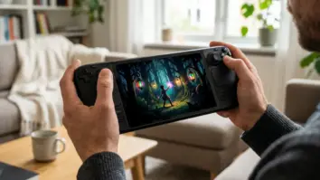 HDR, AV1, Deck – Person hält Steam Deck OLED mit leuchtendem HDR-Bild beim Remote-Play-Streaming