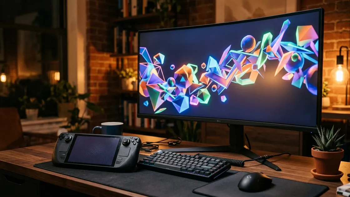Steam Deck mit Linux-Gaming-Setup neben einem Monitor mit Vulkan-Grafik (Symbolbild)