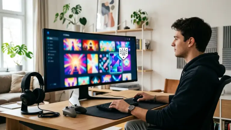 Steam KI-Label, Spieleplattform Transparenz, KI-Inhalte in Games – Gamer wählt Spiel mit KI-Hinweis auf einer Spieleplattform