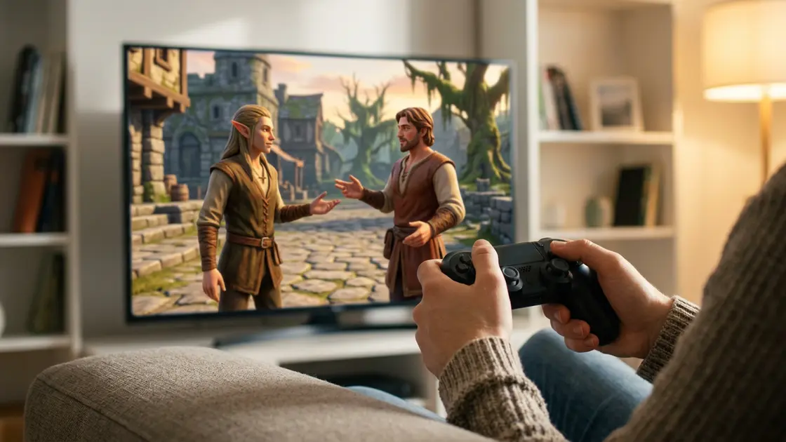 Nahaufnahme einer Spielsituation mit NPC-Dialog und Controller in der Hand