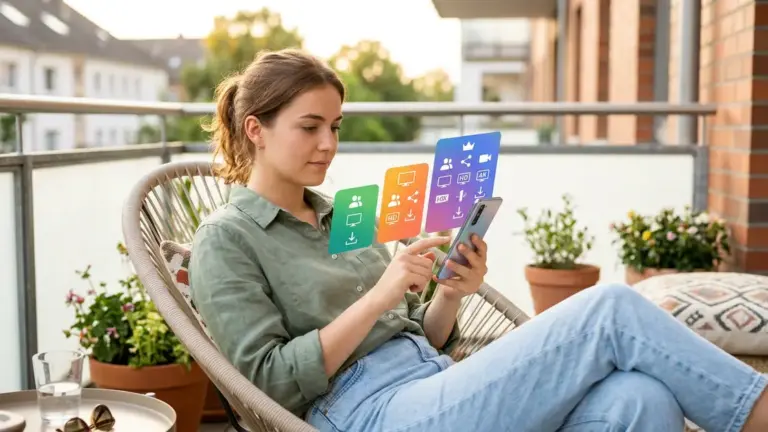 Streaming, Netflix, Disney – Frau prüft auf dem Balkon ihr Smartphone mit Streaming-Tarifen von Netflix und Disney Plus