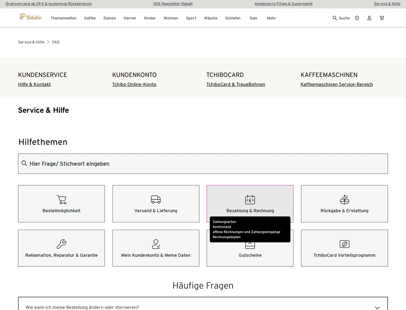 Tchibo Online-Shop Service Hilfe Screenshot