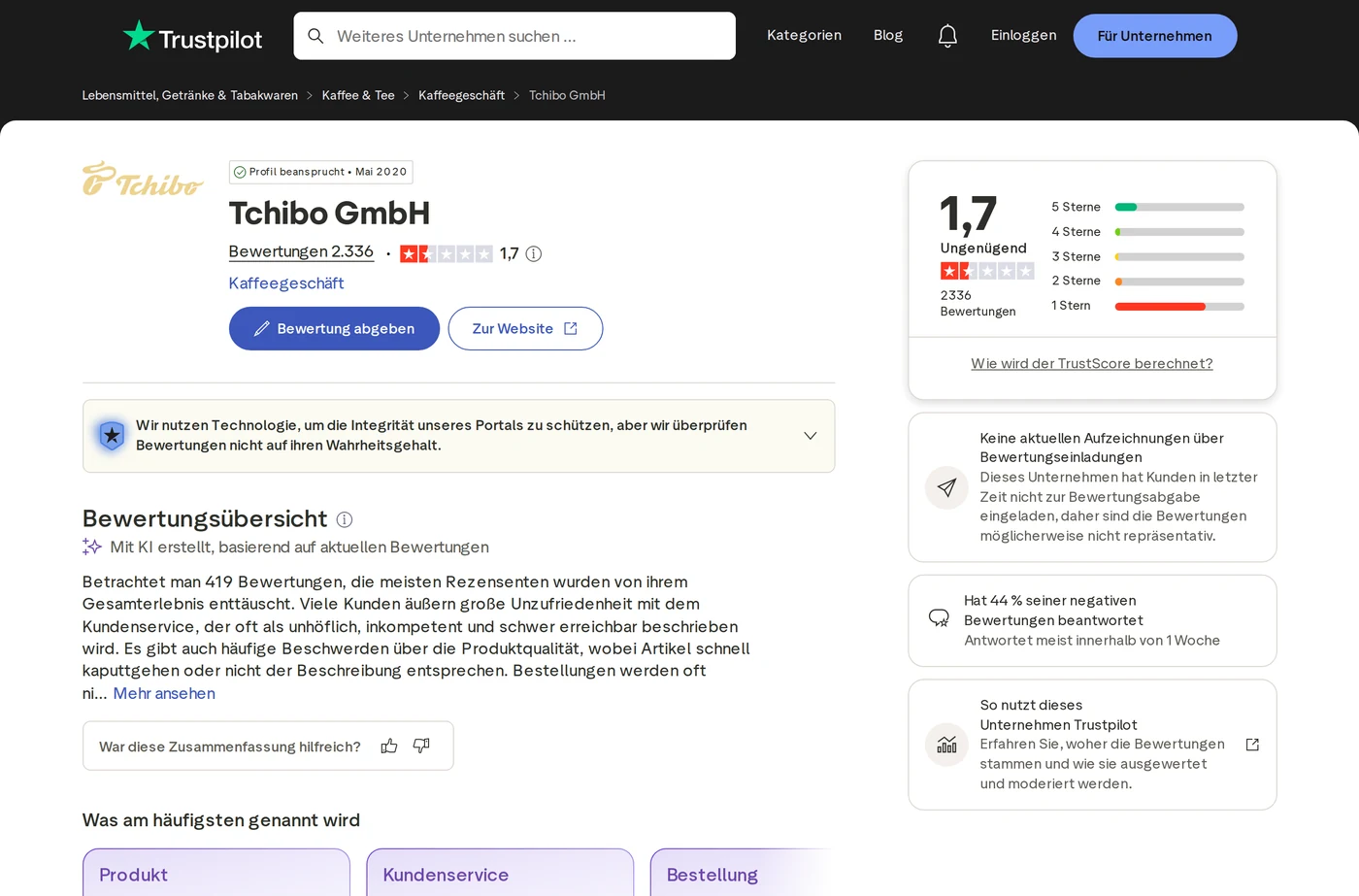 Tchibo Bewertungen Trustpilot Screenshot