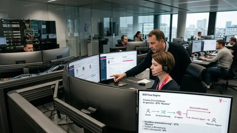 Telekom KI-Agenten, Business-Kundenservice, Workflow-Automatisierung – Telekom KI-Agenten steuern automatisierte Workflows im Business-Kundenservice auf einem Ticket-Dashboard
