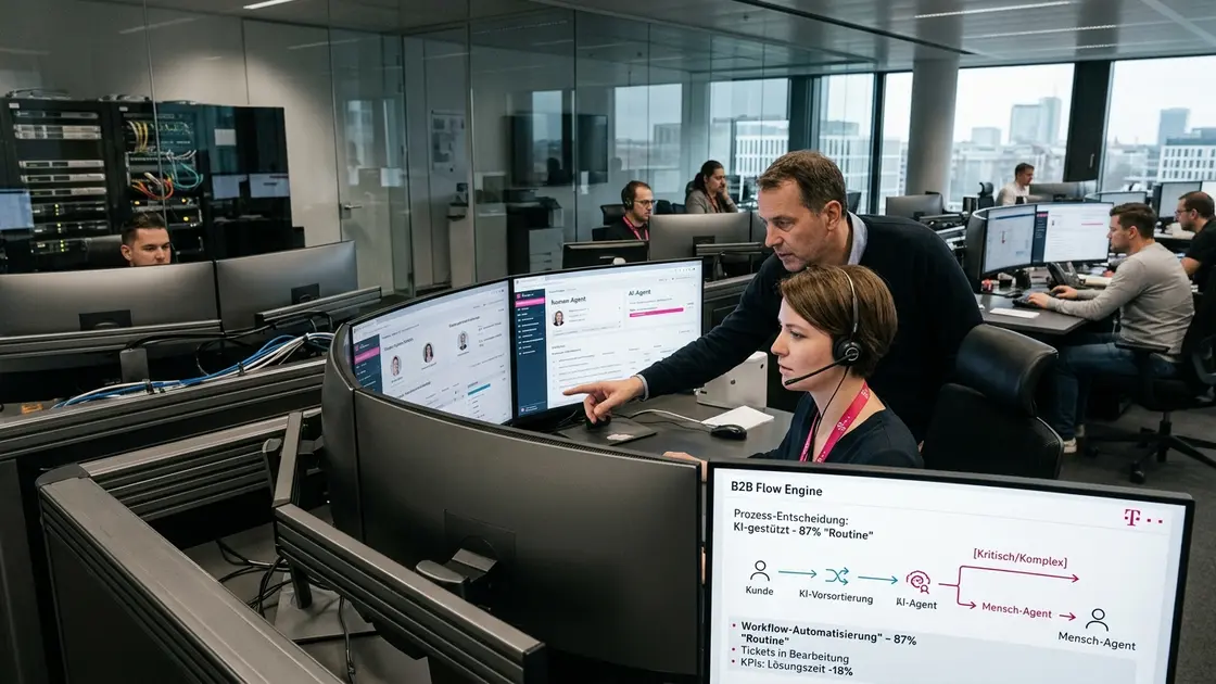 Telekom KI-Agenten, Business-Kundenservice, Workflow-Automatisierung – Telekom KI-Agenten steuern automatisierte Workflows im Business-Kundenservice auf einem Ticket-Dashboard