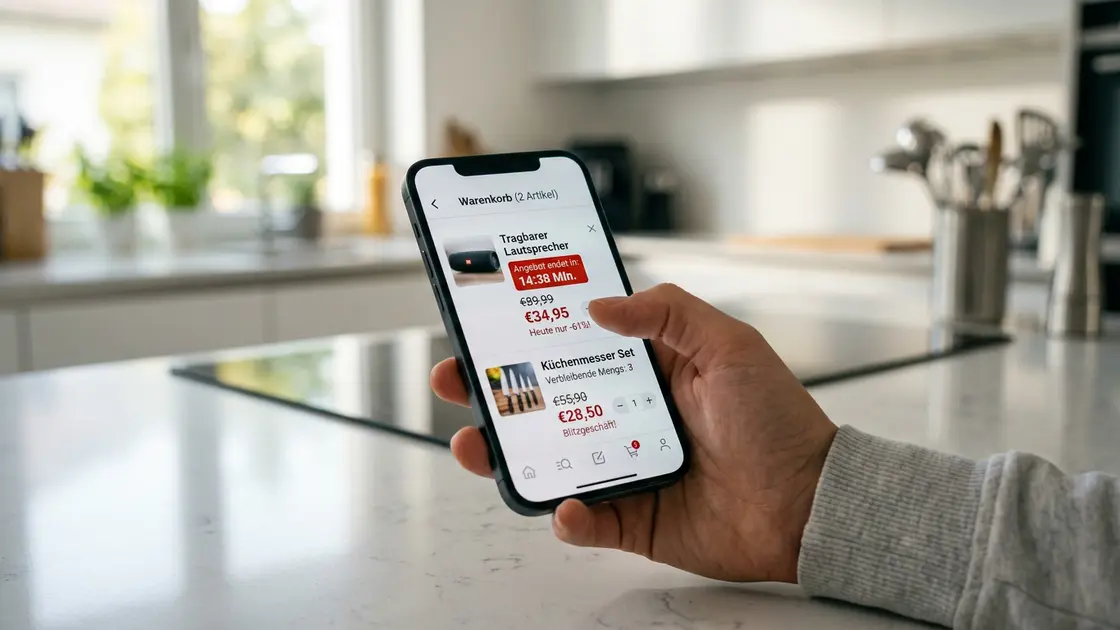 Smartphone zeigt Rabatt-Countdown in einer Shopping-App zur Illustration der Preisklarheit-Kritik an Temu
