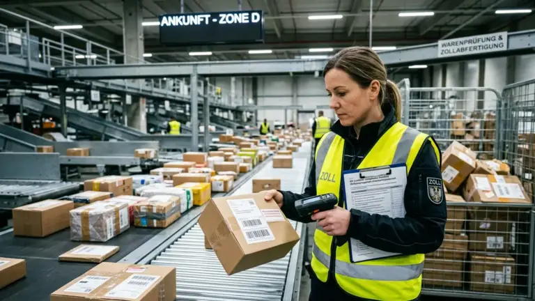 Temu DSA, Digital Services, Cross-Border-E-Commerce – Zollinspektion von Kleinpaketen als Symbol für die Temu DSA Untersuchung der EU