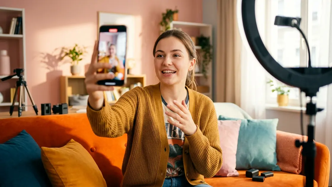TikTok KI-Tools, Creator Suite, Auto-Caption – Creator filmt vertikales Video mit Smartphone fuer TikTok KI-Tools Workflow