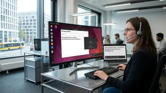 Ubuntu Myna, Spracherkennung, Ubuntu 26.10 – Ubuntu Myna Spracherkennung auf einem GNOME-Desktop mit aktivem Diktier-Overlay