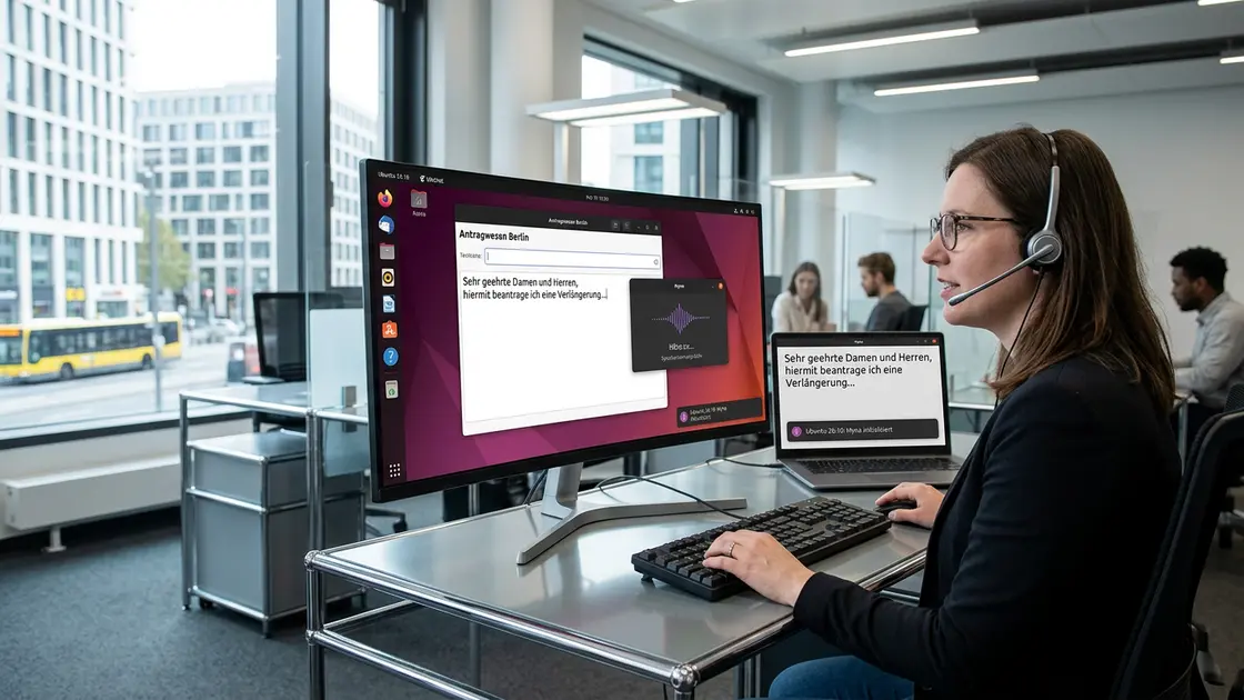 Ubuntu Myna, Spracherkennung, Ubuntu 26.10 – Ubuntu Myna Spracherkennung auf einem GNOME-Desktop mit aktivem Diktier-Overlay