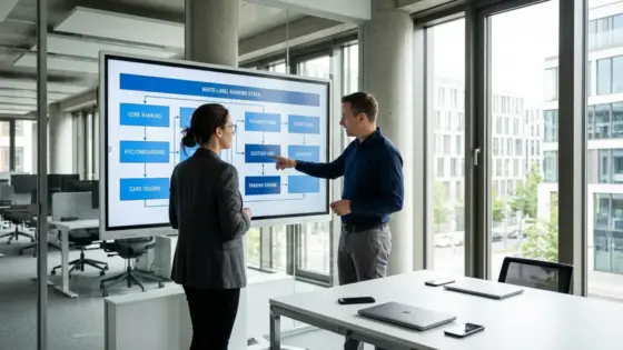 White-Label-Banking, Krypto-Neobank, FinTech-APIs – Zwei FinTech-Mitarbeitende besprechen ein API-Architekturdiagramm für White-Label-Banking auf einem Bildschirm