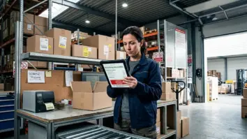 Widerrufsbutton, Onlinehandel, Verbraucherrechte – Shopbetreiber prueft Widerrufsbutton im Checkout vor Versandregal mit Retourenpaketen