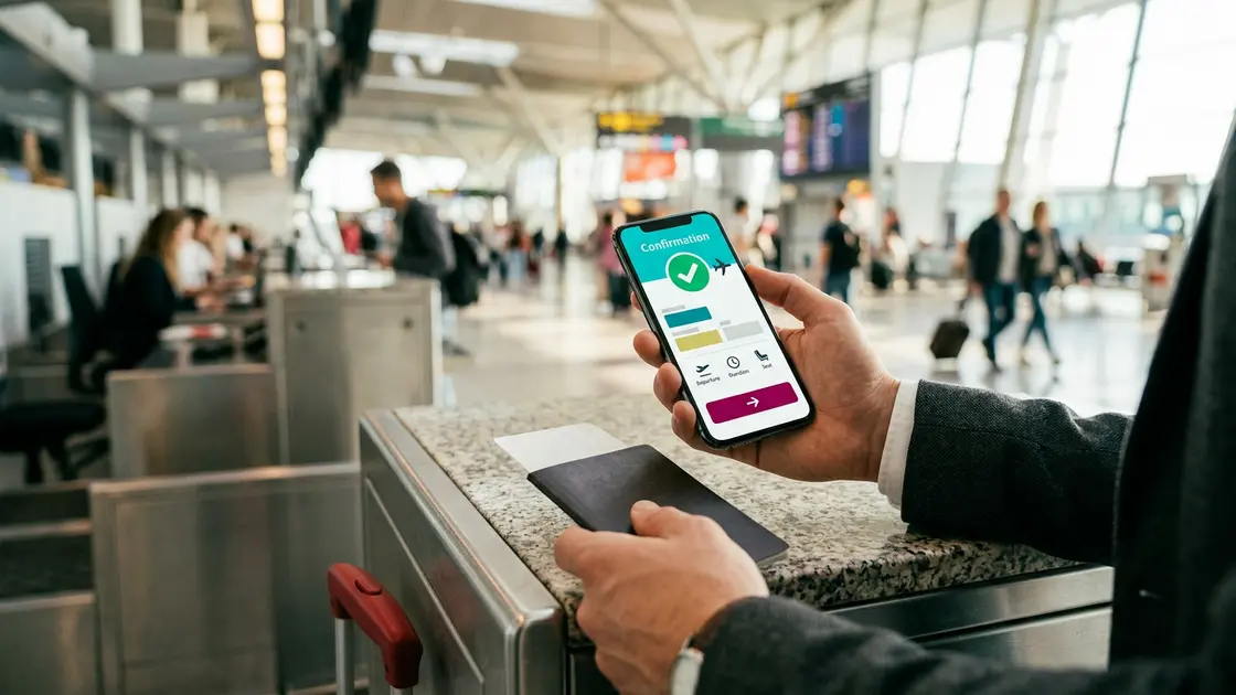 Geschäftsreisender bestätigt am Smartphone eine von einem KI-Agenten vorgeschlagene Buchung