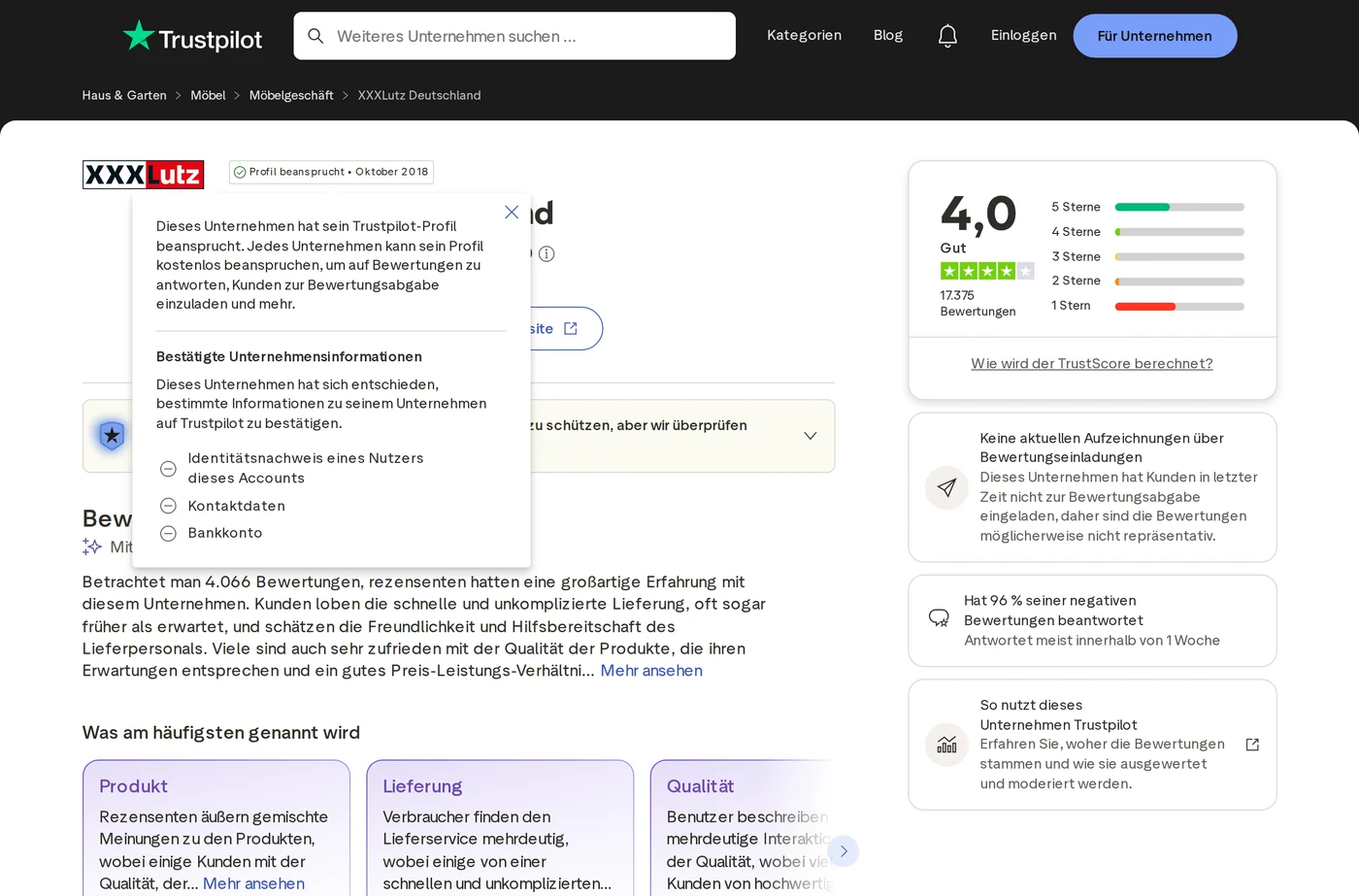 XXXLutz Bewertungen Trustpilot Screenshot