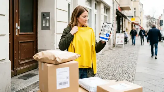 Zalando, KI-Größenberatung, Retourenquote – Frau vergleicht bestellte Kleidung mit KI-Größenberatung auf dem Smartphone vor Paketkartons