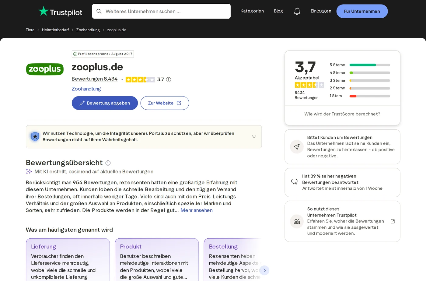 Zooplus Bewertungen Trustpilot Screenshot