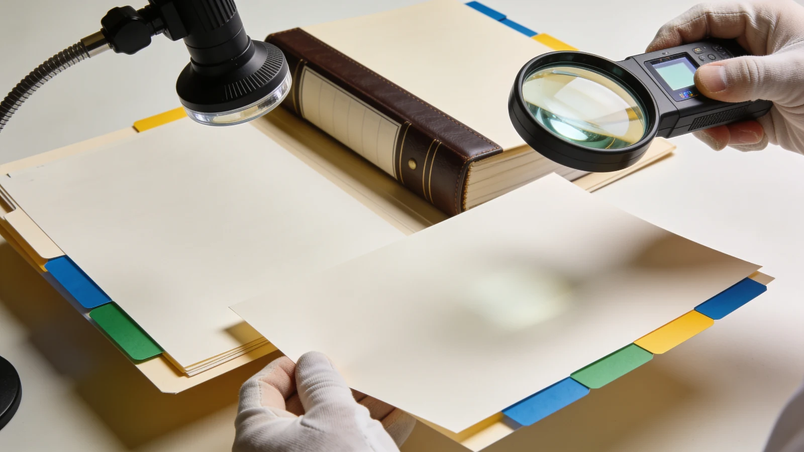 Spezialisierte Lupen prüfen verschiedene Ebenen einer Transaktionsakte, während ein gebundenes Archiv den Ablauf bewahrt.