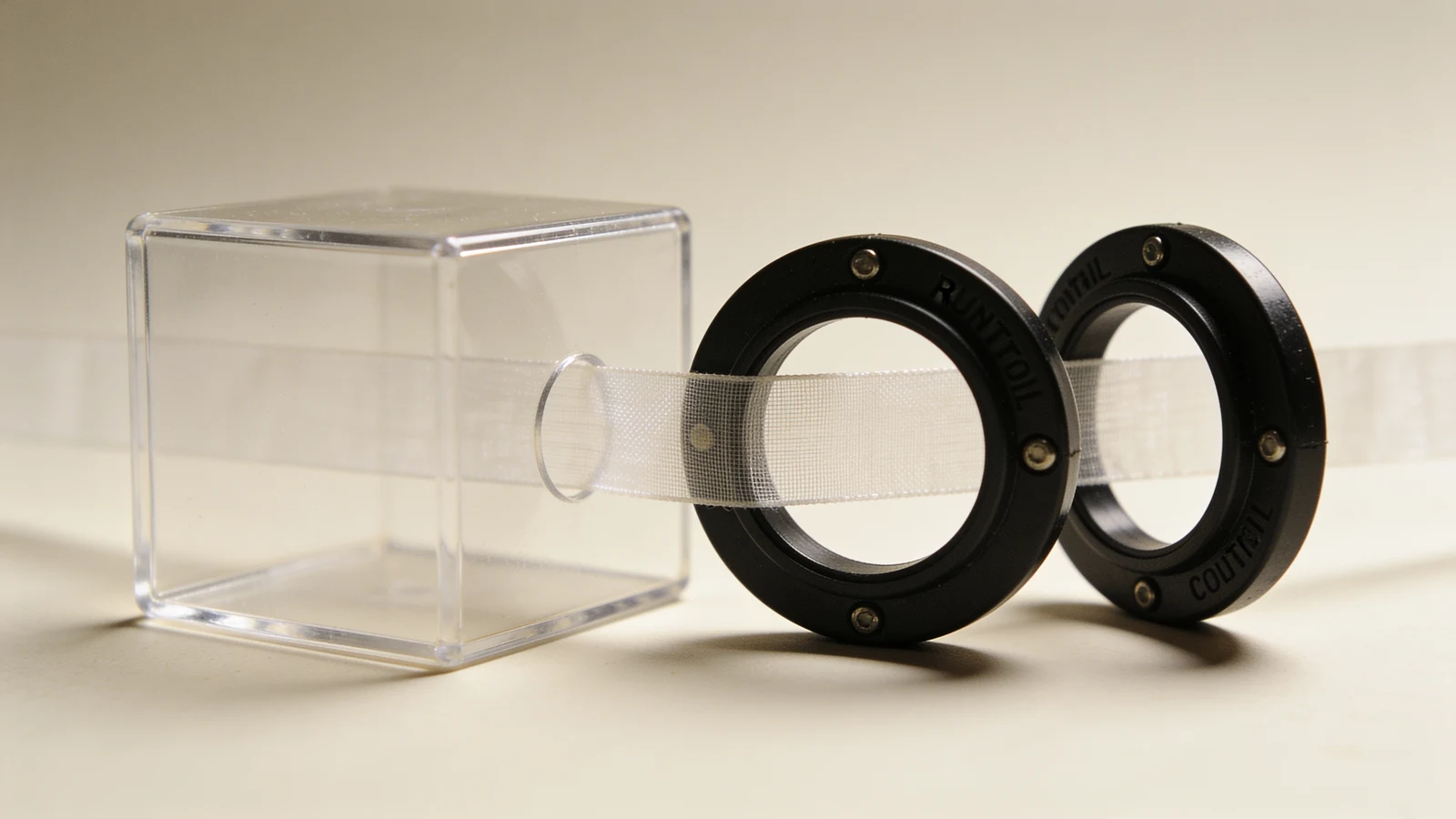 Ein Band läuft durch zwei getrennte Kontrollringe in einen versiegelten Glaswürfel, während der Nachweis parallel entsteht.