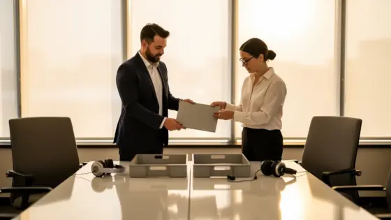 Eine Servicekraft und ein Qualitätsprüfer verschieben eine unbeschriftete Fallmappe zwischen zwei Kundenablagen.