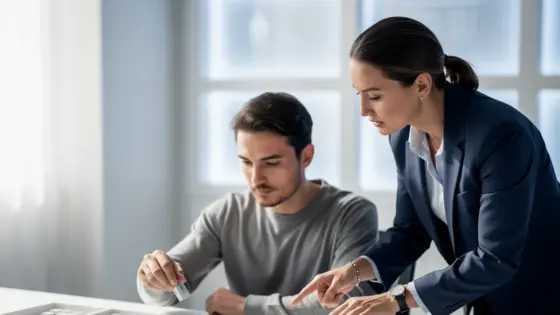 Eine Servicekraft und ein Supervisor sortieren unbeschriftete Gesprächsmarken in getrennte Nachbearbeitungsablagen.