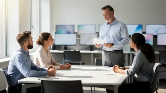 Eine Betriebsleiterin bespricht mit drei Teamleitungen unbeschriftete Leistungskarten in einem hellen Contact-Center-Bereich.