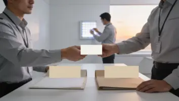 Zwei Sicherheitsexperten übergeben in einem hellen Besprechungsraum einen unbeschrifteten Vertrauensnachweis.
