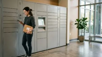 Amazon Locker Abholung an einer neutralen Paketstation mit Smartphone und Paket