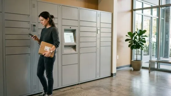 Amazon Locker Abholung an einer neutralen Paketstation mit Smartphone und Paket