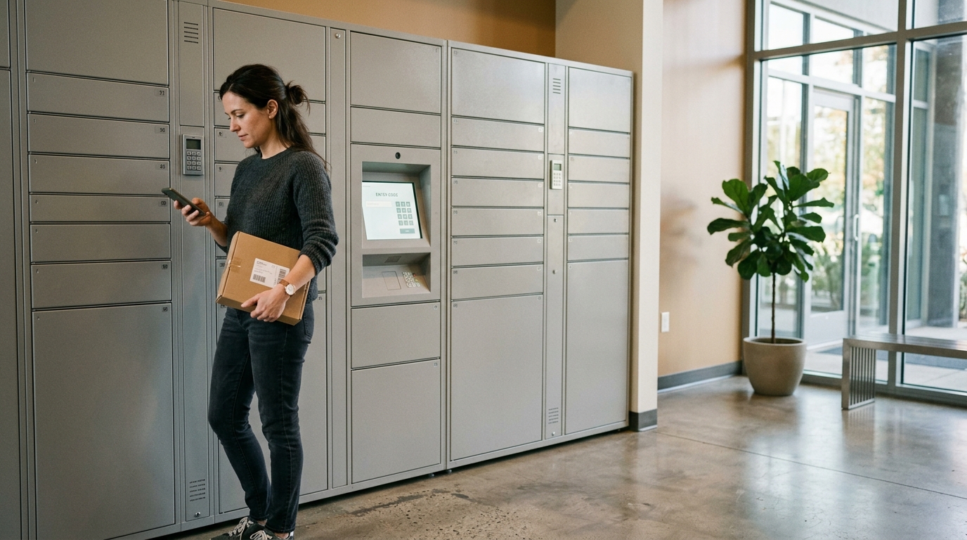 Amazon Locker Abholung an einer neutralen Paketstation mit Smartphone und Paket