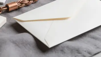Vier blanke Papierobjekte für Tabelle, Präsentation, Dokument und Postfach hängen an einer Kupferschleife.