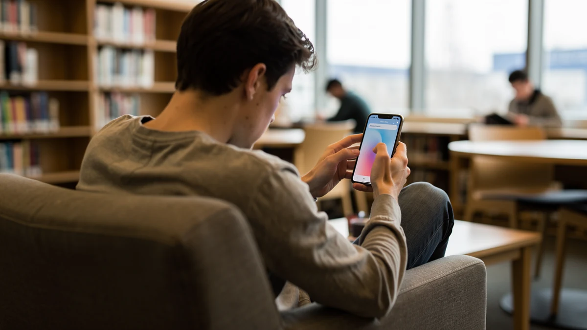 Eine Person prüft in einer Bibliothek Privatsphäre-Einstellungen auf einem Android-Smartphone.