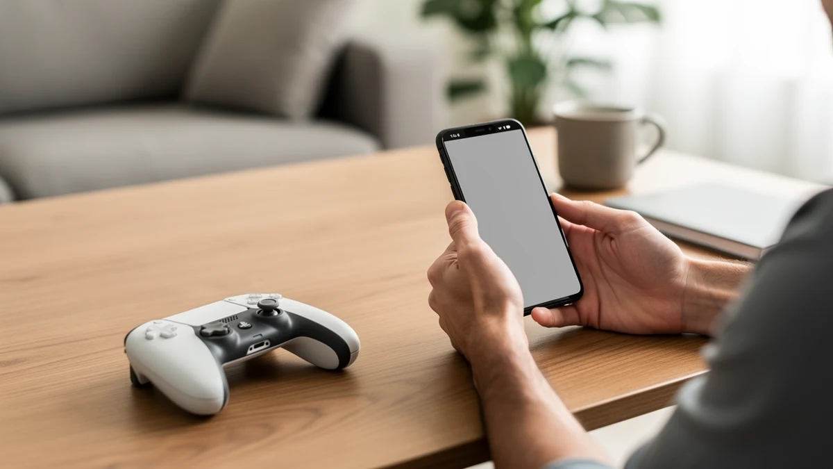 Eine Person nutzt zuhause Multitasking auf einem Android-Smartphone neben einem Game-Controller.