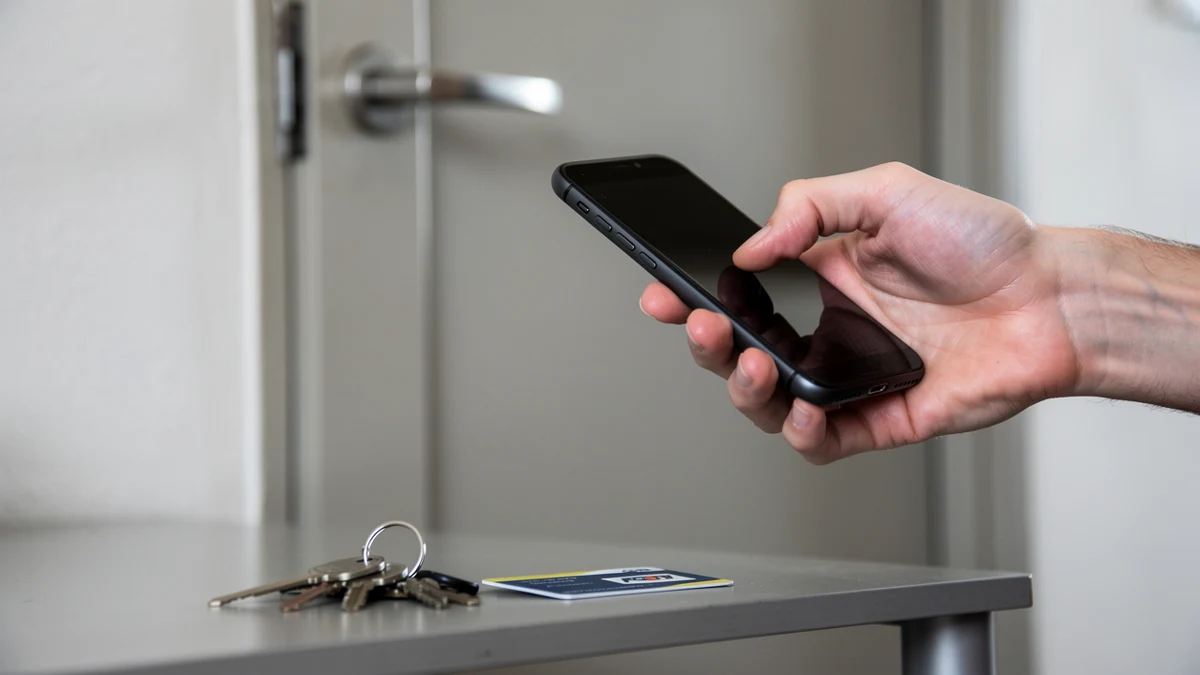 Eine Person aktiviert an der Wohnungstür eine biometrische Sperre auf einem Smartphone.