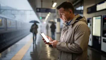 Eine Person markiert auf einem Bahnsteig ein verlorenes Smartphone über ein anderes Android-Gerät.